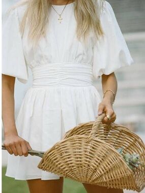 Sabo Skirt White Puff-Sleeve Ruched-Waist Mini Dress size XS 2/4 Australia